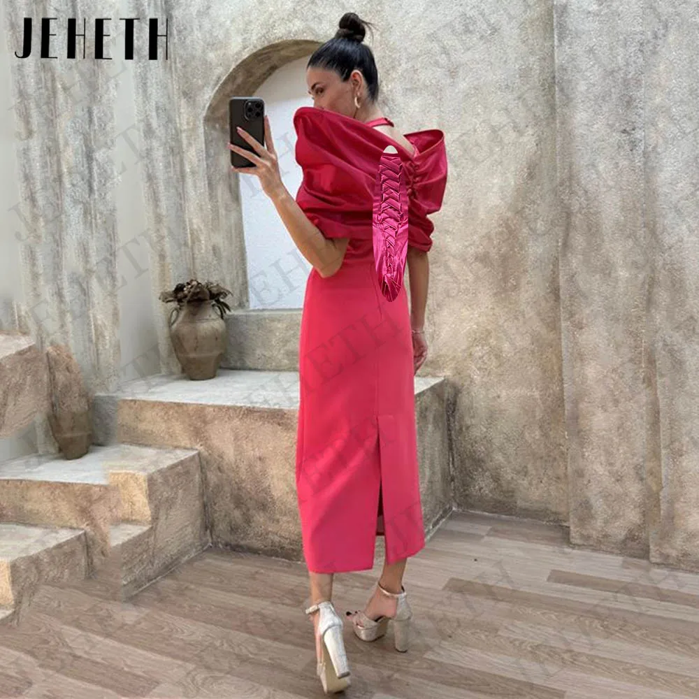 JEHETH Red Dubai Mermaid Evening Dresses For Woman فساتين سهرة Saudi Arabic Halter Crystal Satin Off Shoulder Prom Banquet Gowns