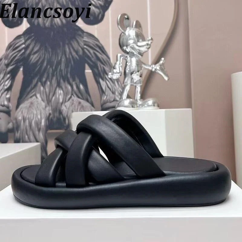 

Summer Genuine Leather Soft Bread Slippers Women Thick Soled Open Toe Minimalist Sandals Outdoor Leisure Vacation Beach Shoes