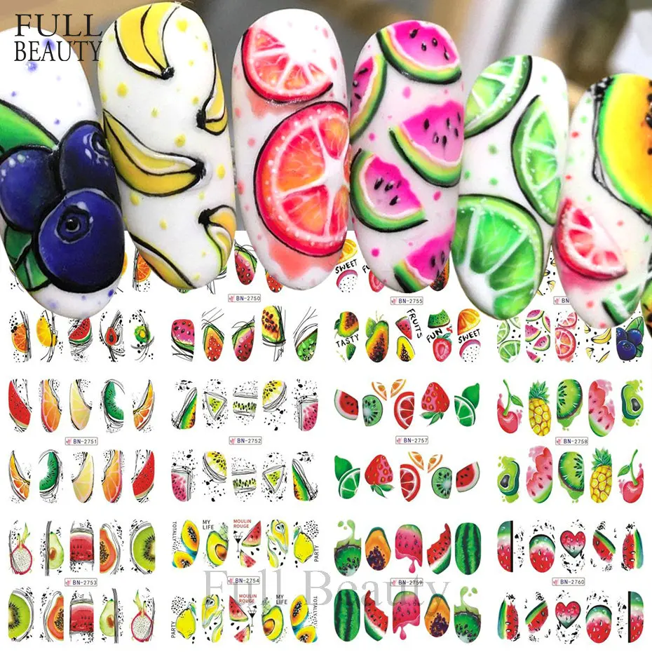 12pcs Watermelon Papaya Nail Water Stickers Kiwi Blueberry Fruit Transfer Decals Slider Line Design Nail Art Summer Accessories