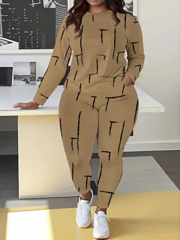 Women's Plus Size Casual Outfit: Comfortable Long Sleeve Crewneck Top and Geometric Print Pants Set - Medium Stretch, Machine Wa