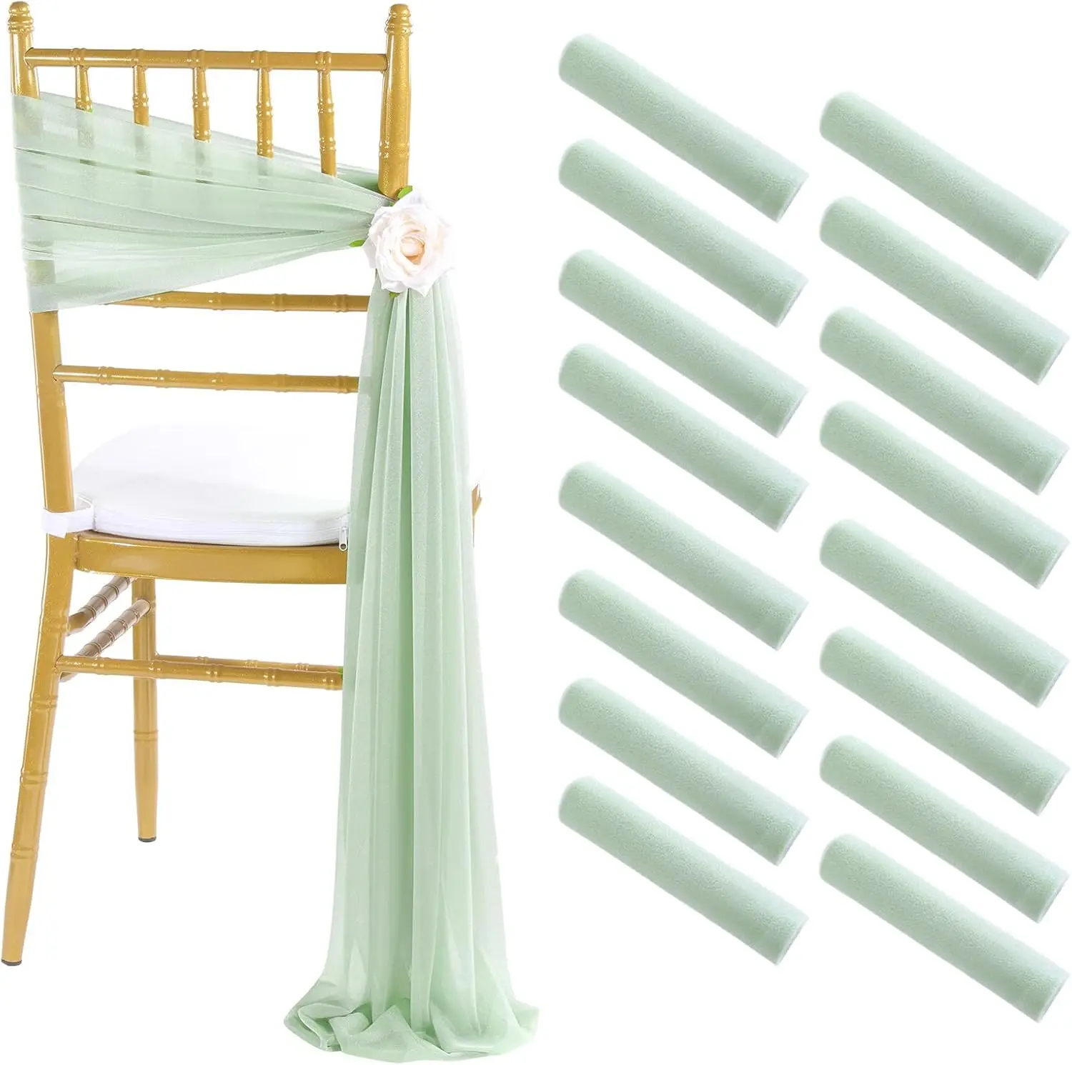 

10/50pcs Wedding Chair Sashes 17x250cm Sage Green Draping Fabric Sheer Banquet Bows Ties for Reception Outdoor Aisle Chair Decor