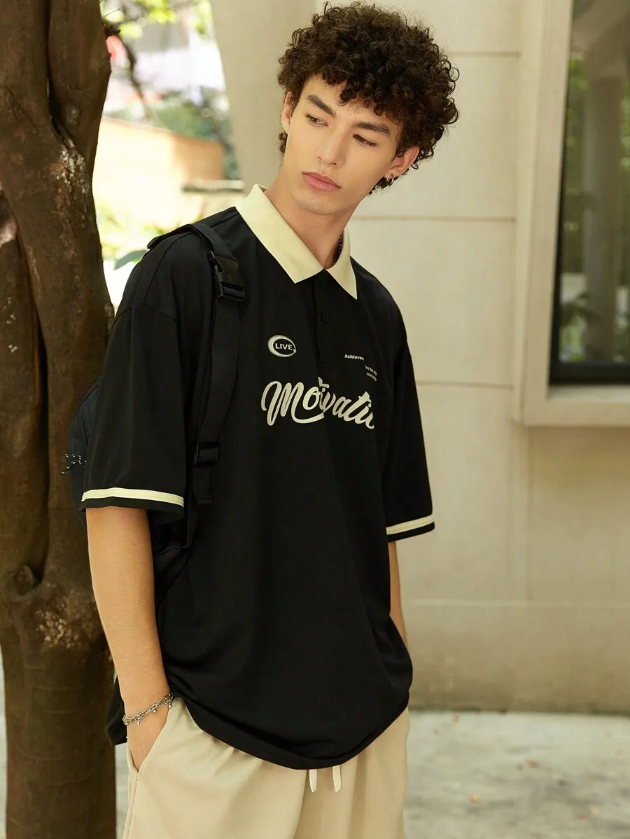 

Black Loose Fit Short Sleeve Polo Shirt with Contrast Collar and Script Print