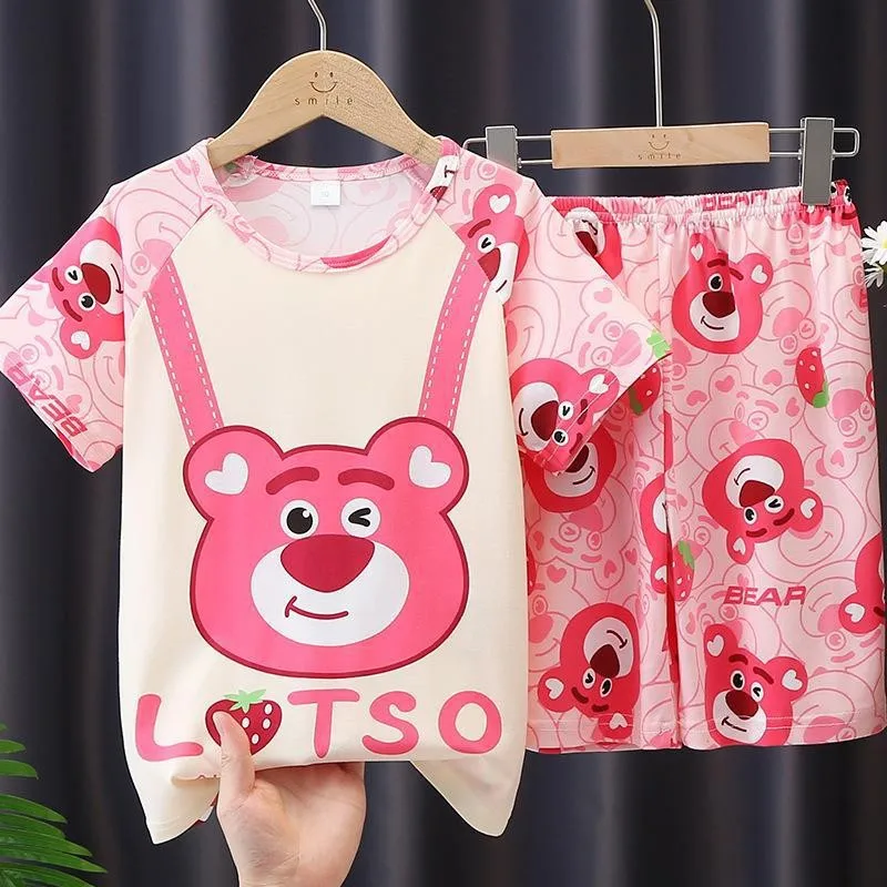 Pyjamas Set für Kinder Cartoon Erdbeere Bär Kawaii Nachtwäsche Baby Kurzarm Mädchen und Jungen Hause