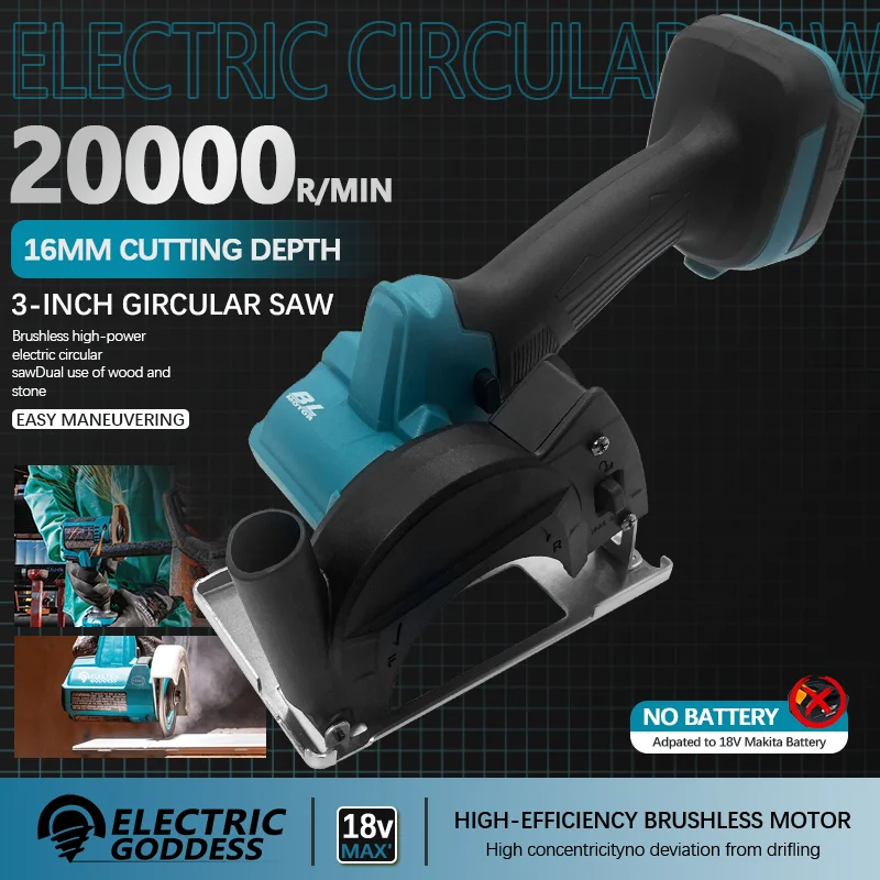 

Electric Goddess 3-inch Handheld Brushless Saw 16MM Cutting 390W Cordless Electric Circular Saw Power Tool 18V Makita Battery