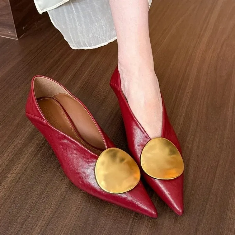 Stiletto Single Shoes Autumn New Pointed Toe Shallow Mouth Metal Buckle Soft Sole Anti-slip Wear-resistant Low Heel Shoes