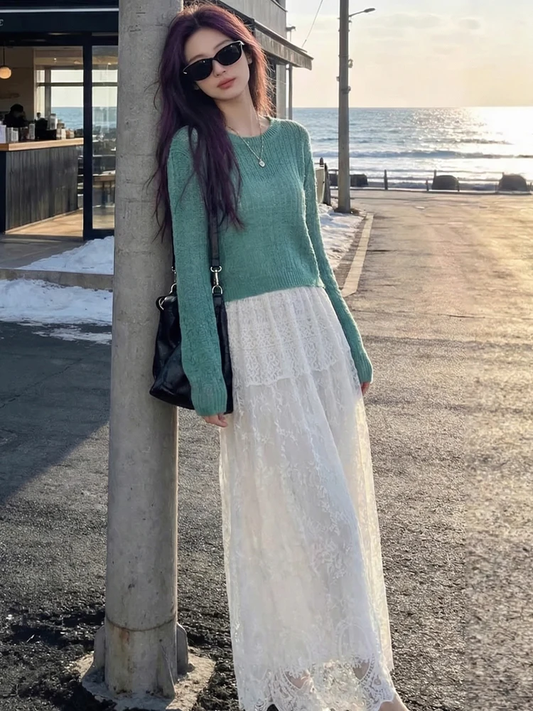 

Unique Beautiful Spring Faion Knitted Lace f-length Skirt Ba Design Two-piece Set Women's Premium Quali Long Sve ...