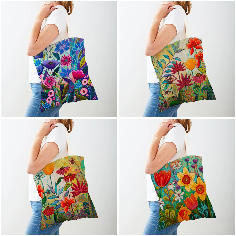 Watercolor Flower Women Casual Shopping Bags Both Sides Cartoon Floral Shopper Bag Reusable Foldable Canvas Lady Tote Handbags