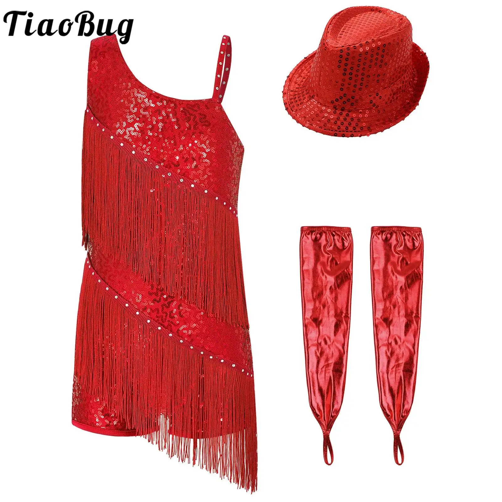 

Kids Girls Sequin Salsa Latin Dance Dress Tassel Fringe Leotard Dress with Gloves Hat Outfits Ballroom Performance Bodysuit Set