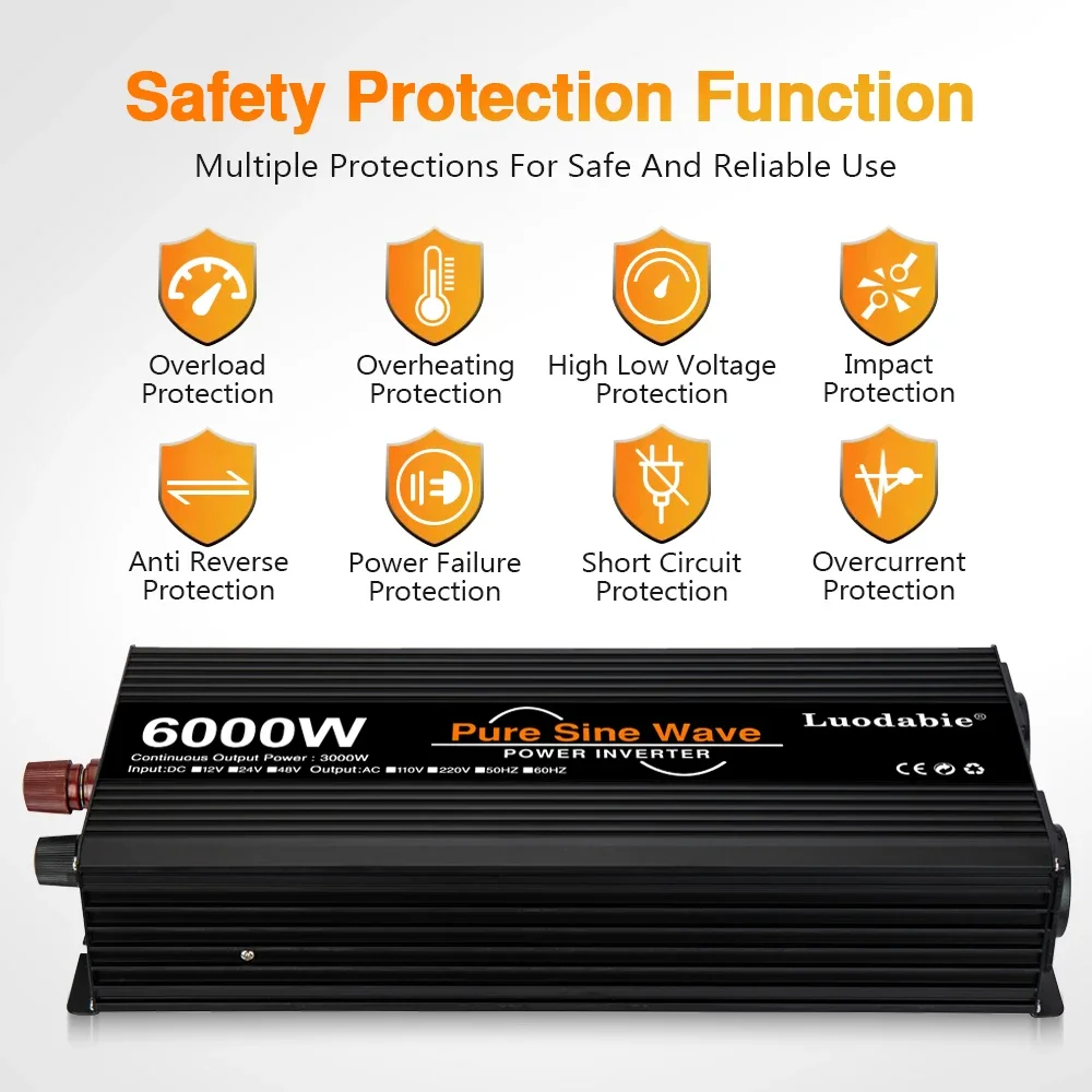 

RDDSPON Инверторы чистой синусоиды 4000 Вт 5000 Вт 6000 Вт Двойная розетка европейского стандарта Солнечный инвертор DC 12 В 24 В 48 В в преобразователь напряжения переменного тока 220 В