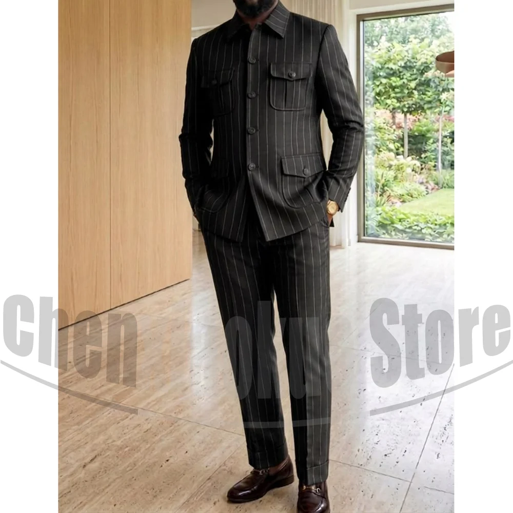 Men Striped Safari 2 Piece Suit Stand Collar Multi Pocket Jacket Trousers Vintage Formal Business Wedding Party Casual Outfit