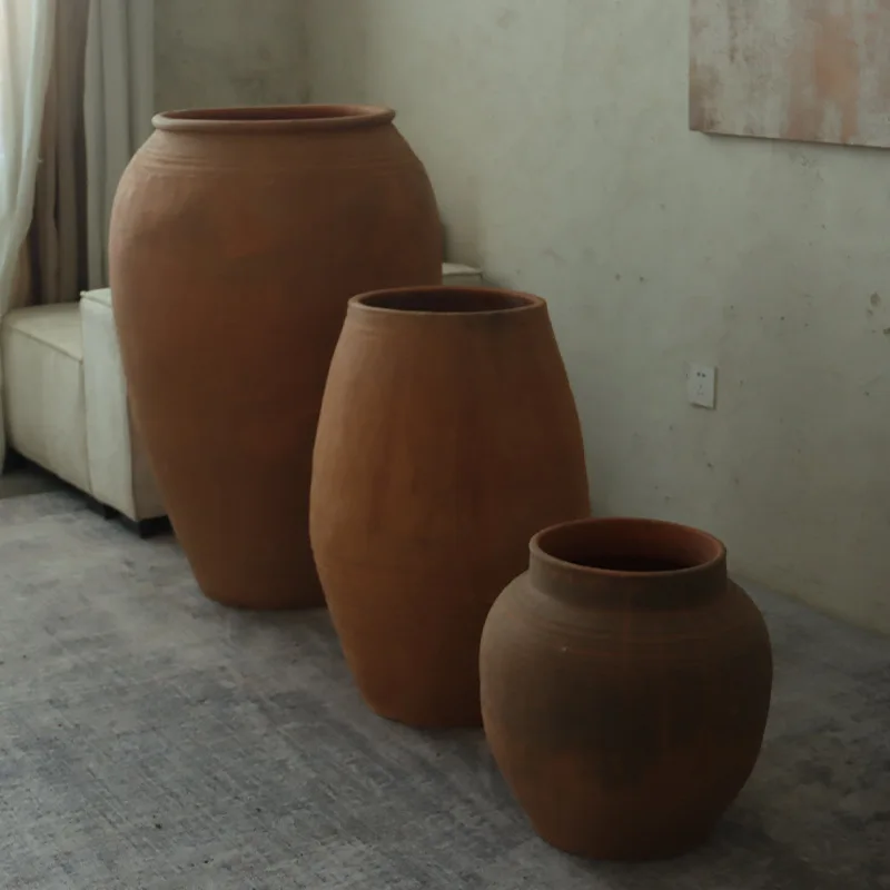 Spot wabi-sandy wind Internet celebrity three-piece set of coarse pottery tank large pottery pot Weng jar earth pottery landscap