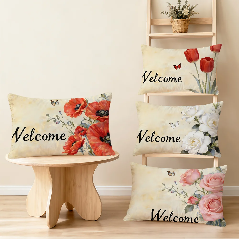 Fotografia 5: Capa de Almofada Retangular com Estampa Floral Retrô de Tulipa e Girassol, para Sofá, Sala de Estar, Quarto, Cabeceira, Presente