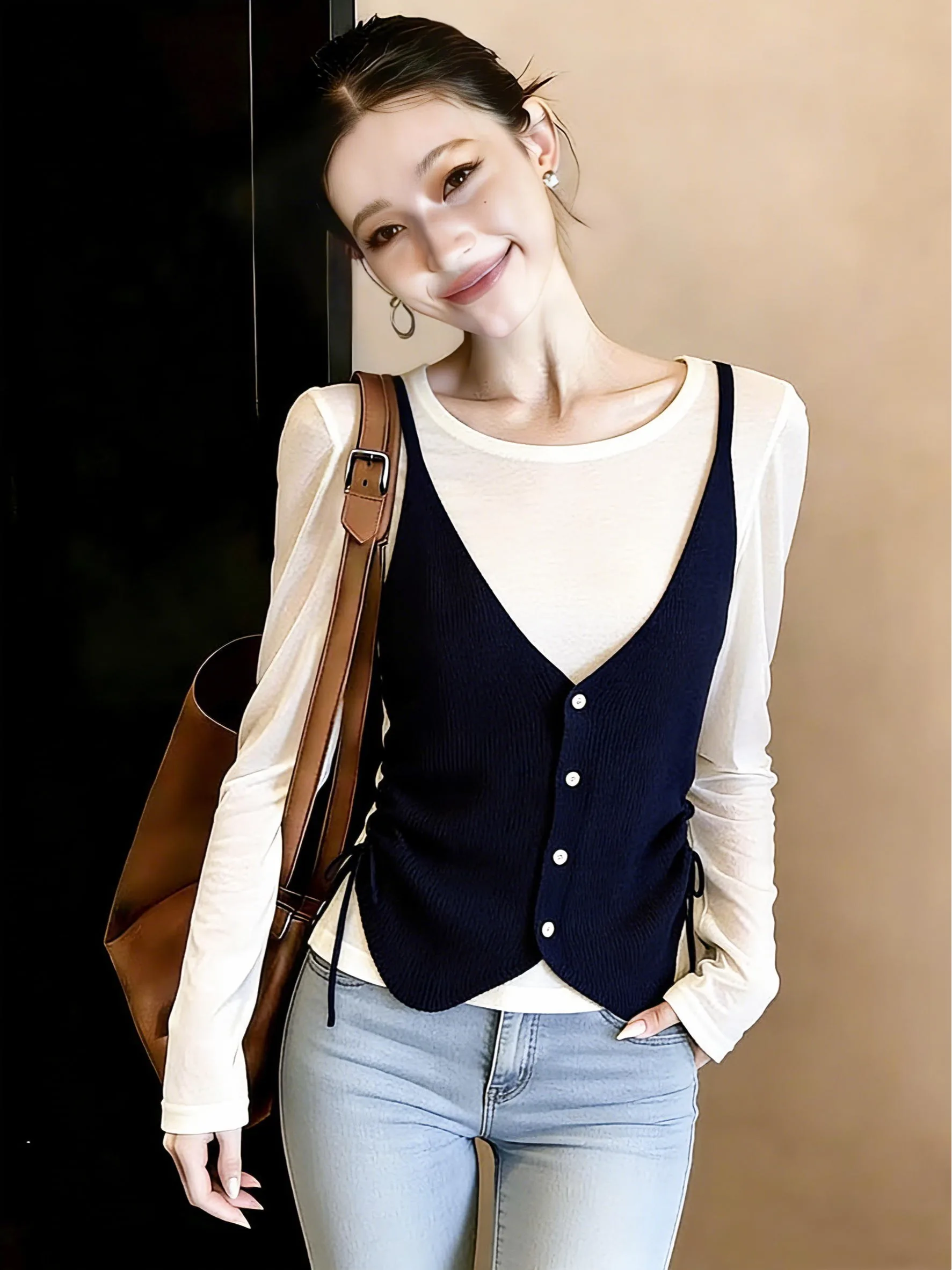 

Women's Knitted Long Sve Base irt Slim Fit Dstring Waist Design Spring New Sle Two-Piece Look Sweet Sle Ciwalk