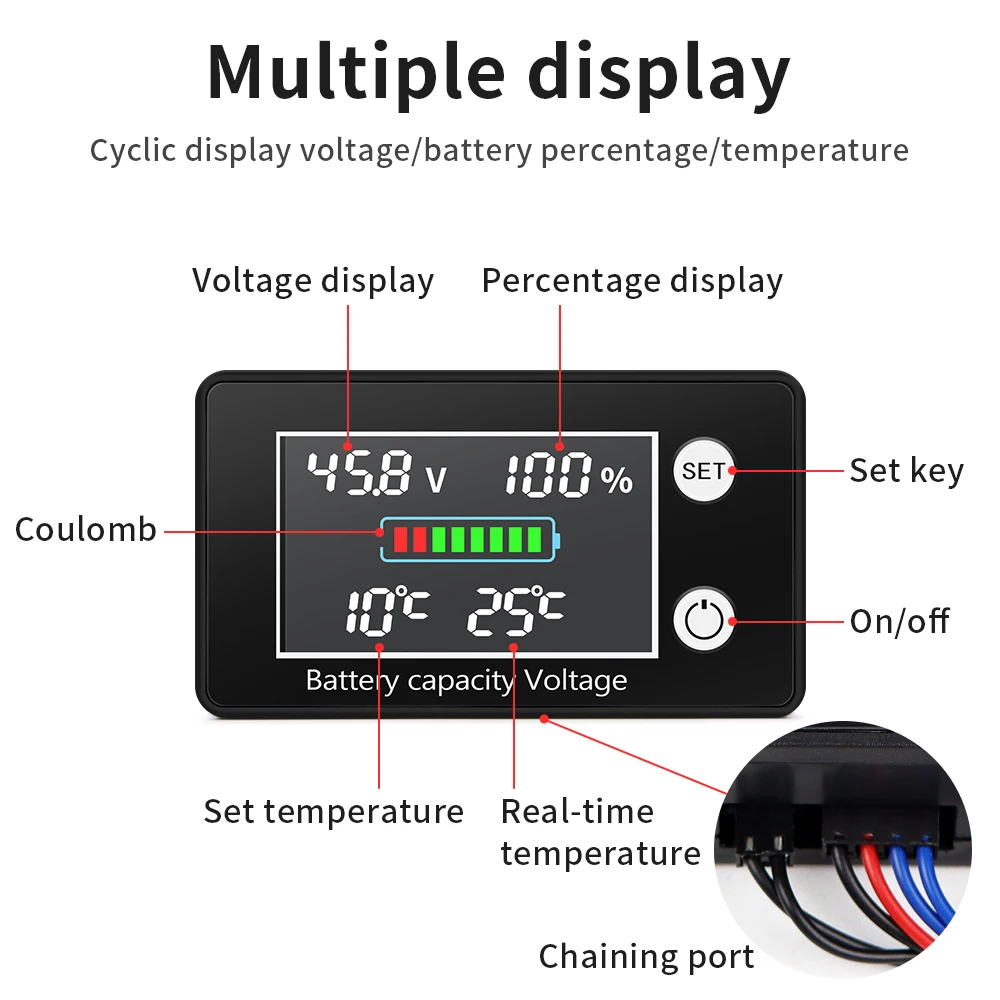 DC10V-100V Voltmeter Battery Capacity Indicator Lead-acid Lithium LiFe PO4 Voltage Gauge Battery Meter with Temperature Control