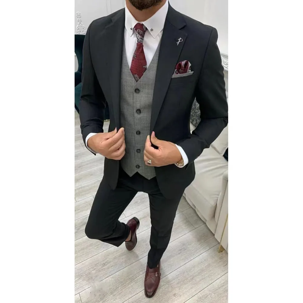 

2023 New Fashion Wedding Men Black Notched Lapel Suits Business Casual Formal Costume Homme Slim Fit 3 Pcs Set Jacket Vest Pants