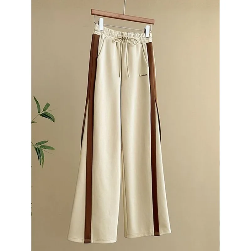 Women's Beige and Brown Color Block Hoodie Set Zipper Crop Top and Wide Leg Pants 2 Piece Outfit