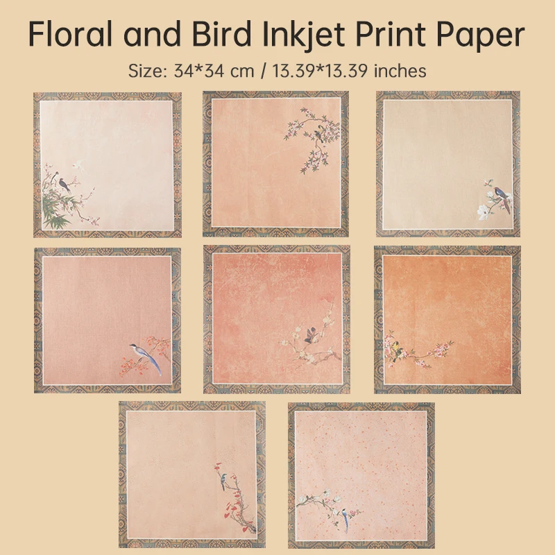 Floral and Bird Inkjet Print Calligraphy Paper, 34×34cm ,Semi-Sized Xuan Paper for Writing & Art, No Bleeding, 8 Designs