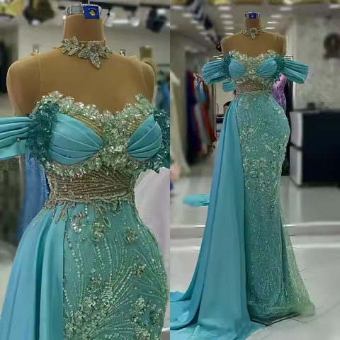 Exquisite Evening Dresses High Neck Sequins Prom Dress Detachable Train Rhinestone Mermaid Party Gowns Vestidos De Noche