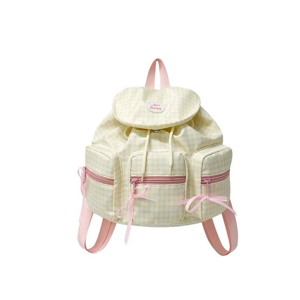 

Portable Sweet Korean Drawstring Backpack Plaid Large Capacity Women Daily School Bag Flip Up Bow Silver PU Daypack Students