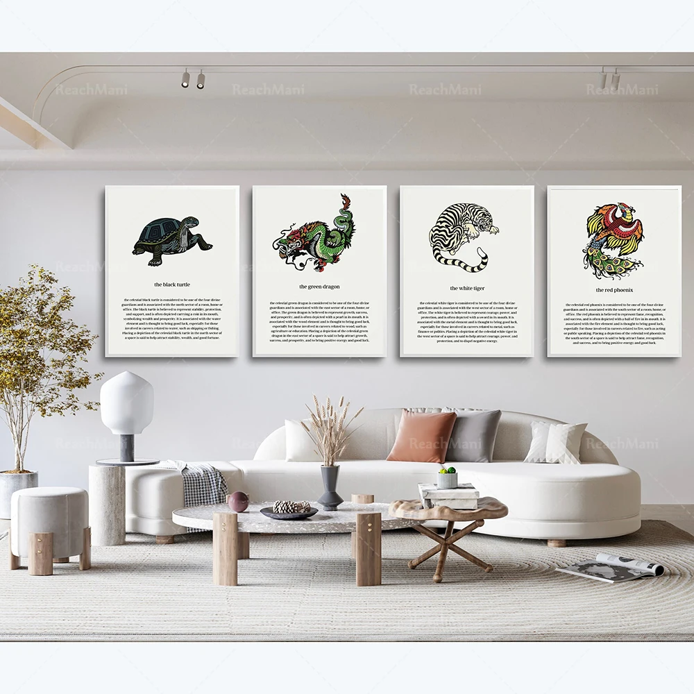 

Chinese Feng Shui Animals Black Turtle, Red Phoenix, White Tiger, Dragon Feng Shui Animals Poster Good Luck Wall Art Decoration