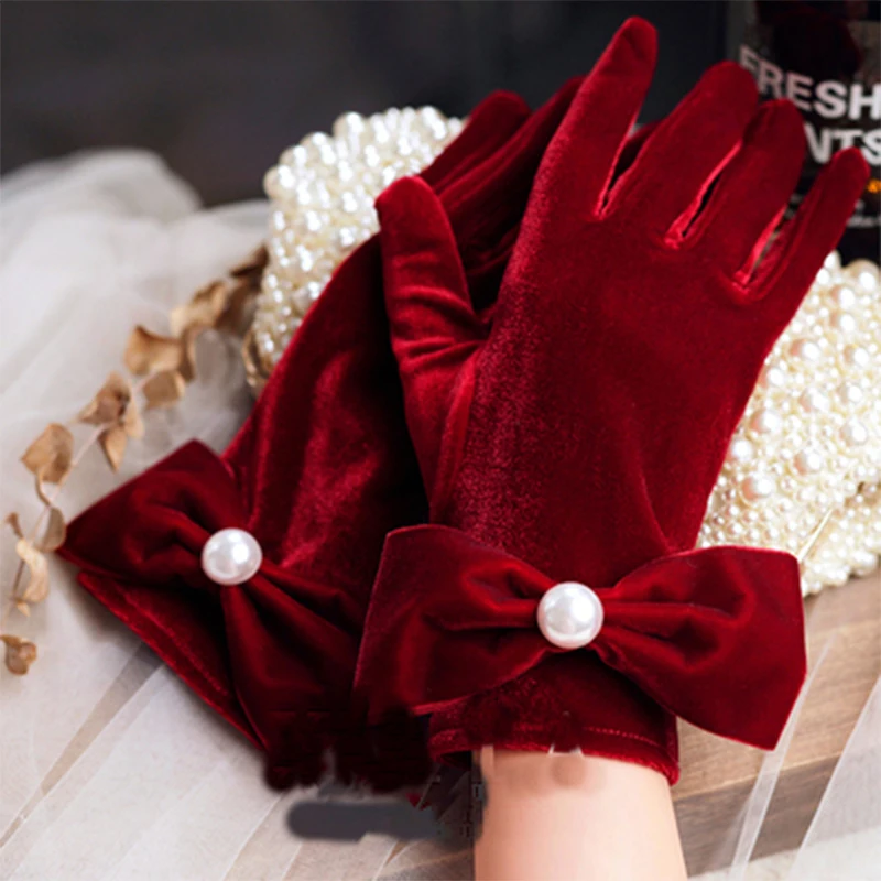 Guantes negros Retro de terciopelo con lazo para mujer, accesorios de fotografía de estudio, manoplas para vestido de novia, guantes cortos para