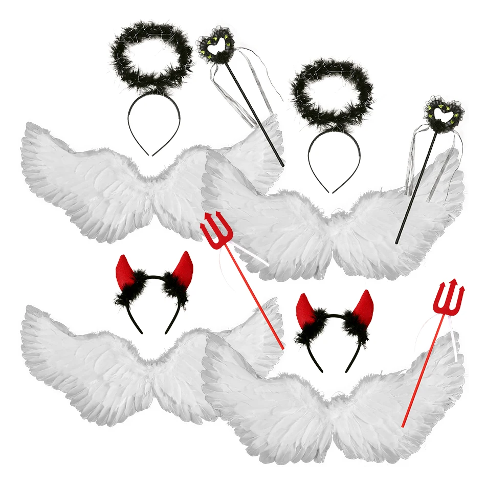 Kids Adults Halloween Angel and Devil Cross Match Feather Wings Headbands Magic Wand Holiness and Sin Integration Dress Up Sets