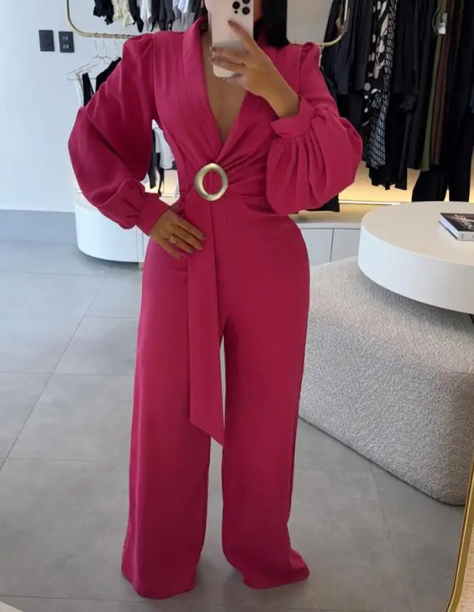 여성 롬퍼 메탈 링 장식 오버랩 V넥 랜턴 소매 지퍼 백 롱 점프수트 캐주얼 허리 조절 와이드 레그 점프수트