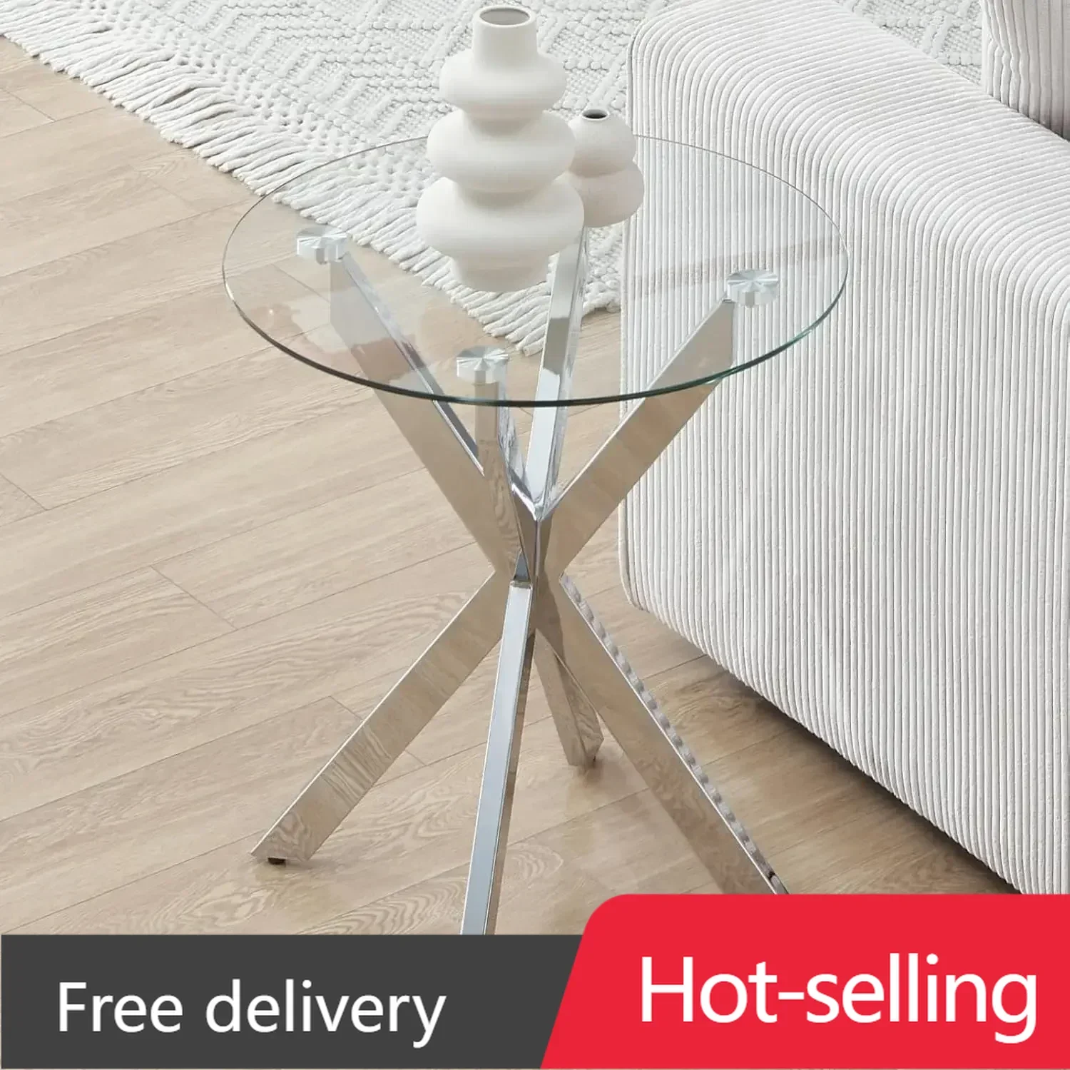 

Modern Glass End Table, Small Round Side Table for Couch, Sofa Table with Clear Tempered Glass Top for Living Room, Bedroom