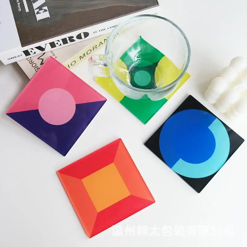 2pc 9.8cm Square Heat Insulation Pad. Nordic Coffee Shop Minimalist Geometric Pattern Round Acrylic Cup Holder.Perfume Decor Pad