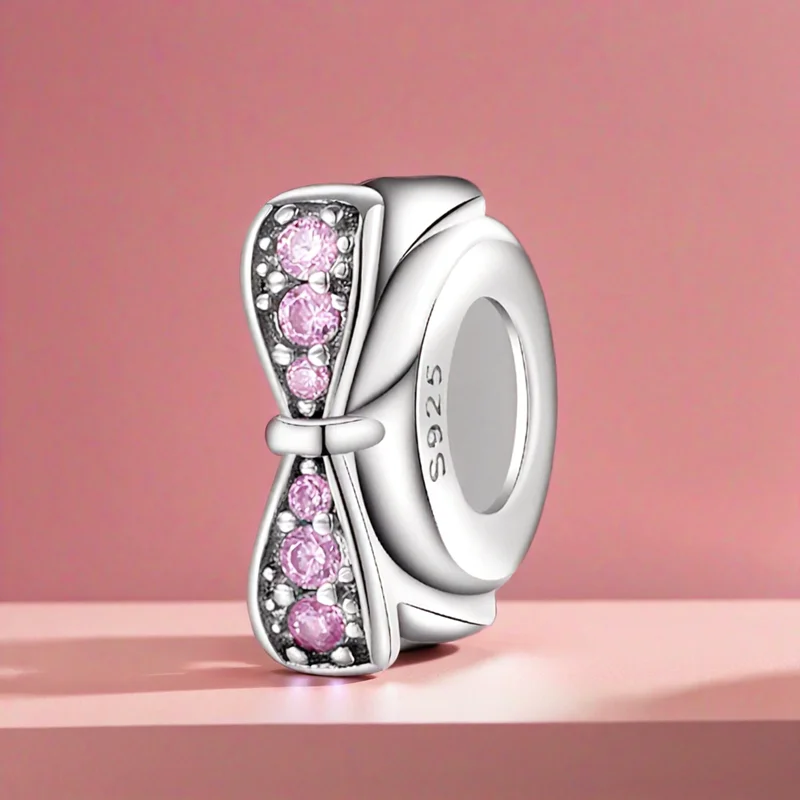 

925 Sterling Silver Pink Bow Spacer Bead Pendant Charm Bead Fit Original Bracelet DIY Accessories