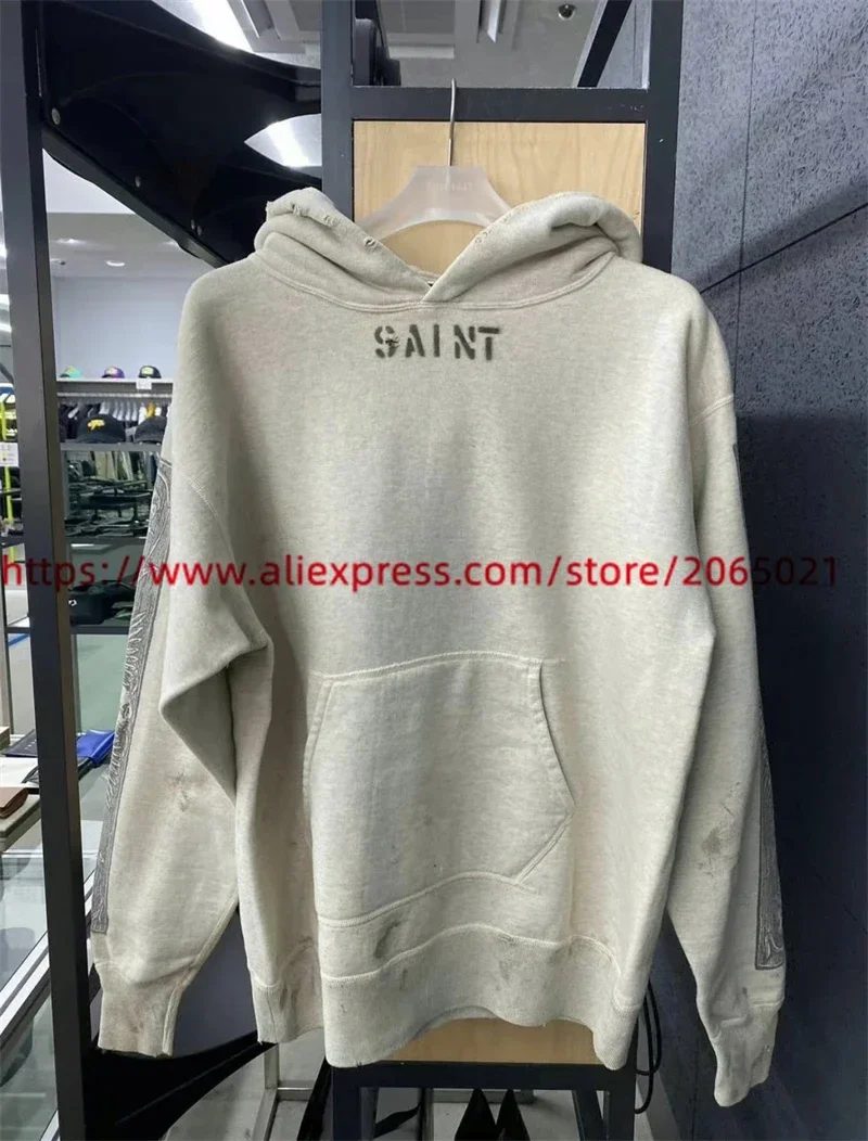 Vintage SAINT Hoodie Men Women Best Quality Washed Apricot Crack Hoodie Hooded