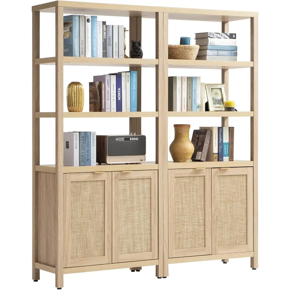 Bookshelf 5 Tier Book Shelf Rattan Tall Bookcase Doors Storage Wood Shelves Large Bookshelves Book Case (Natural 2PCS)