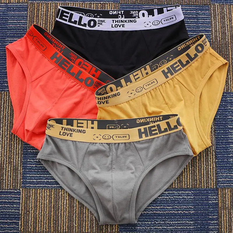 Men\'s Underpants Cotton Mid Waist Boxers Shorts Pants Student Solid Color Splicing Splicing Simple Versatile Panties