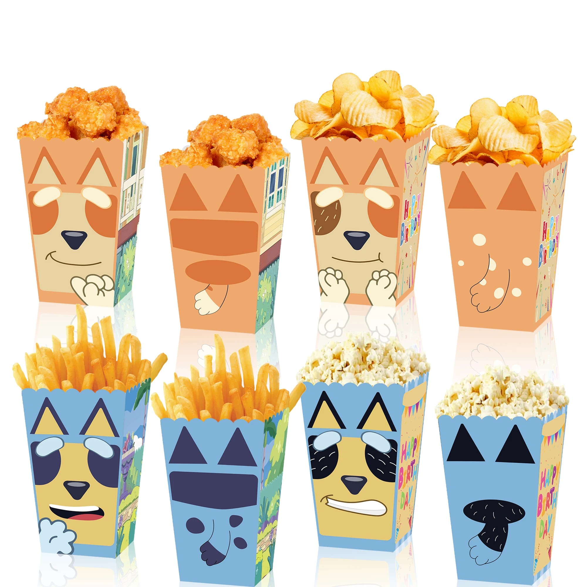 무스 귀여운 Bluey 가족 Bluey 파티 간식 캔디 치킨 쌀 팝콘 상자 식품 판지 포장 상자 12pcs 귀여운 빙고 선물 상자