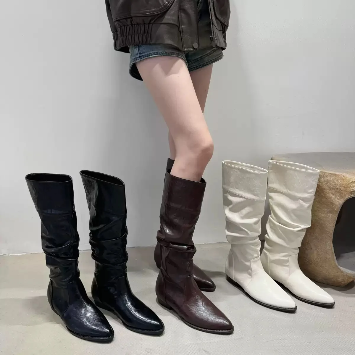 Folded Knight Boots Flat Heel Mid-Calf White Boots Fashionable Flat Bottom Boots Korean Style Youth All Season Sharp Pointed Toe