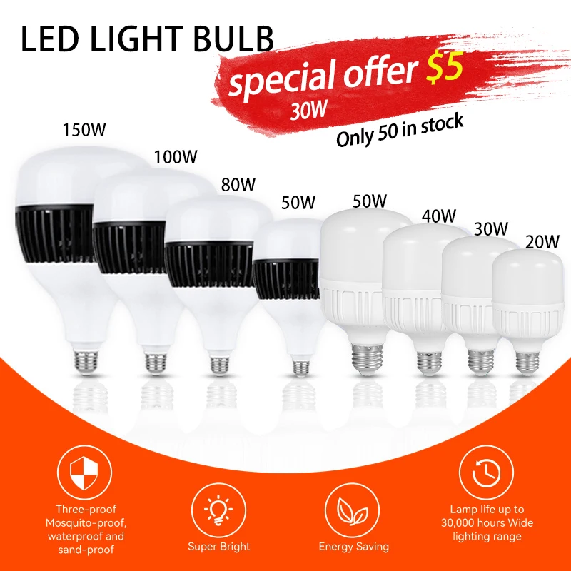 1pcs 10pcs E27 LED bulb 80W 100W 150W Super Power AC 220V 20/30/40/50W LED lamp Saving Cold White Led Bulbs for Indooe Outdoor