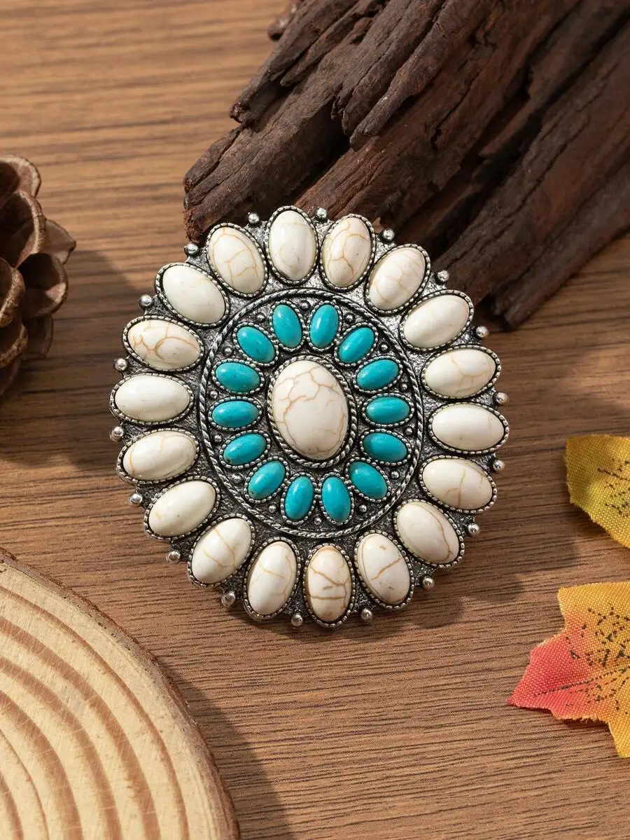 

Vintage Bohemian Zinc Alloy Turquoise Floral Brooch For Women Daily Wear