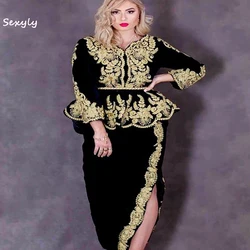 Vintage Black Algeria Abaya Evening Dress Kosovo Albanian Elegant Long Sleeve Karakou Bride Prom Dress Peplumn Party Customized