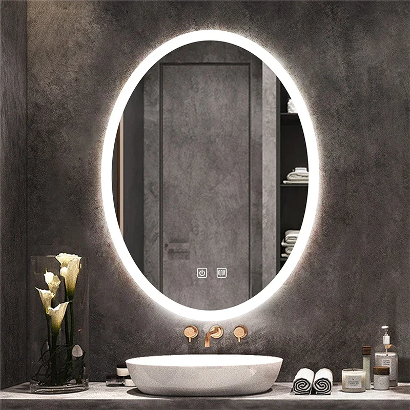 Oval Smart Mirror In Bathroom With Warm White Natural Color LED Light Anti-fog Makeup Mirror Touch Switch Dimming Vanity Mirrors