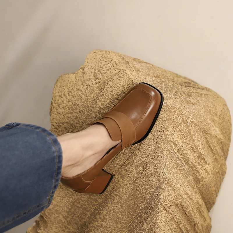2024 Genuine Leather New Spring Women Shoes Square Toe Chunky Heel High Heel Pumps Ladies Shoes Heels Shoes Woman Black Shoes