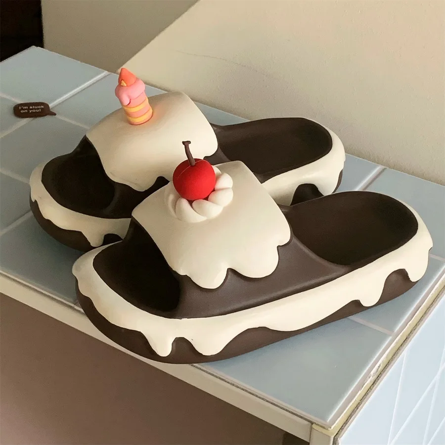 

Novelty Cake Shoes Women's Cute Ice Cream Slippers Non-Slip Summer Beach Sandals Indoor Outdoor Mules Slipper with Cherry Topper