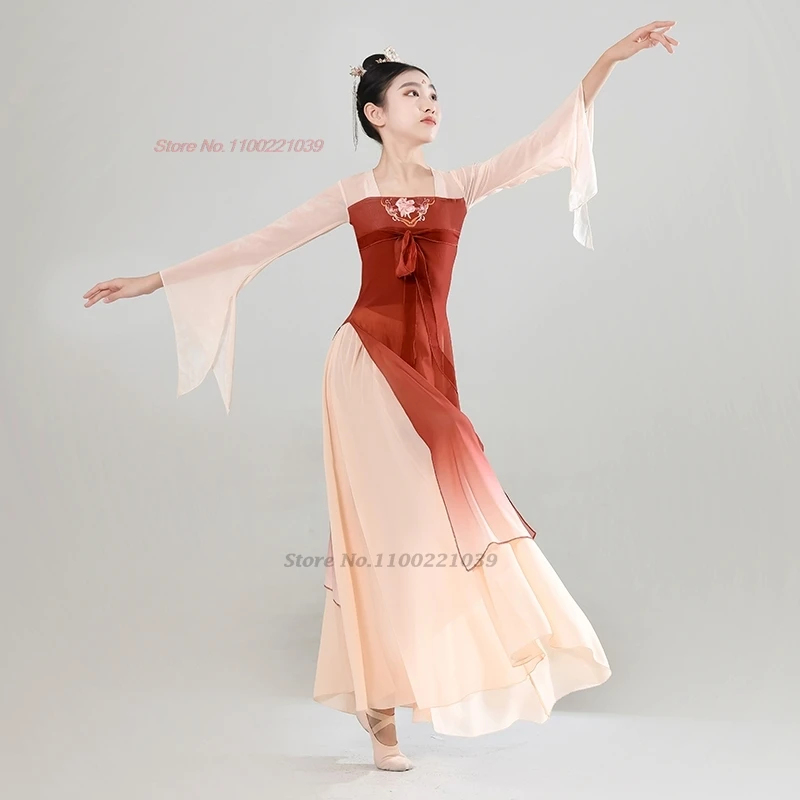 Traje de baile vintage para niños chinos 2025, tops hanfu de malla con estampado de flores tradicionales + conjunto de falda, vestido de baile puesta en escena