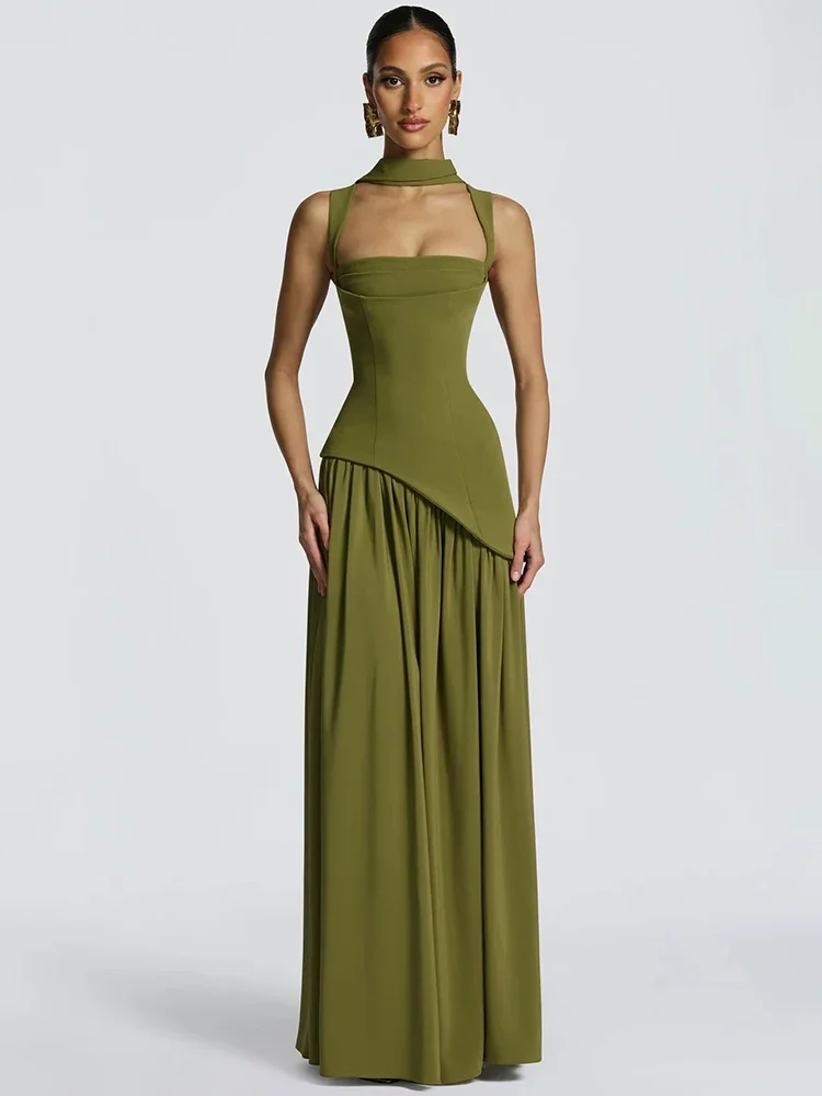 

Square Collar Backless Sexy Maxi Dress Women Gown Elegant Sleeveless Thigh High Split Pleated Club Party Long Dress