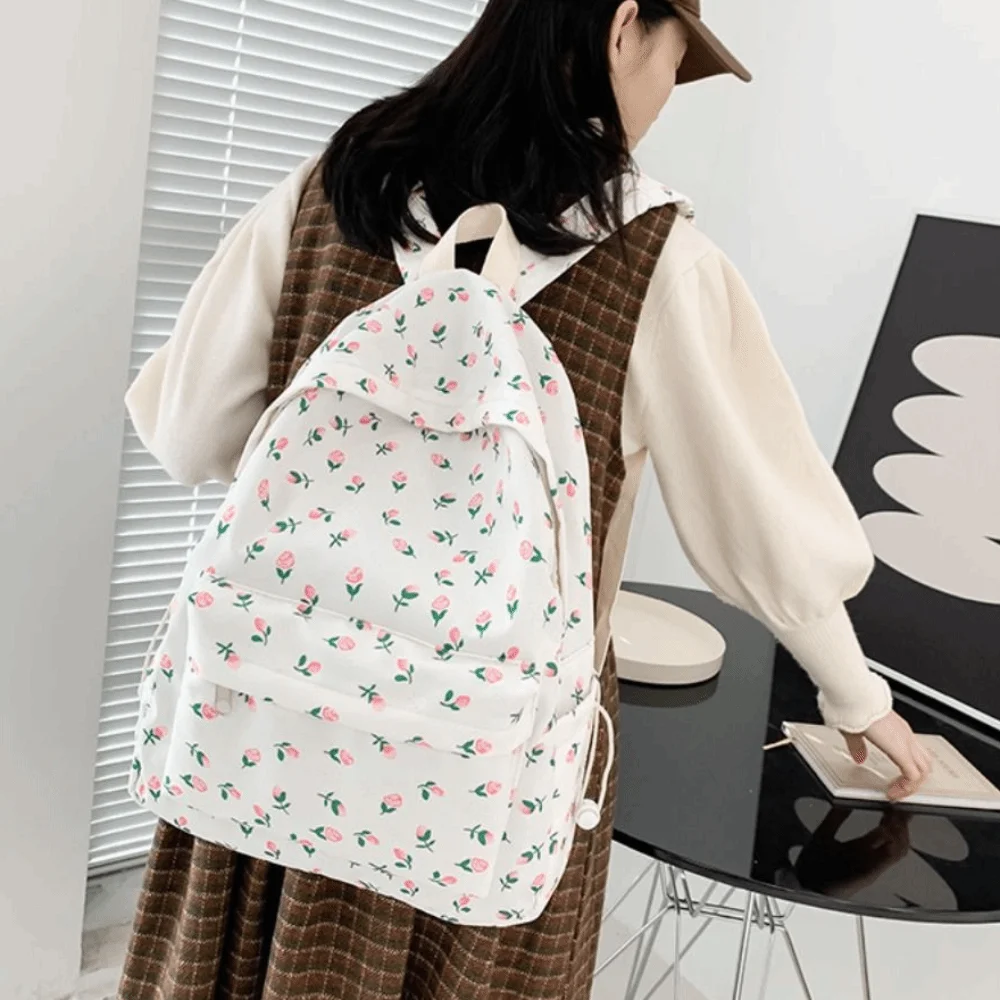 Große Kapazität Mode Studenten Rucksack Nylon Ästhetische Blumen Schultasche Freizeit Casual Umhängetasche Mädchen