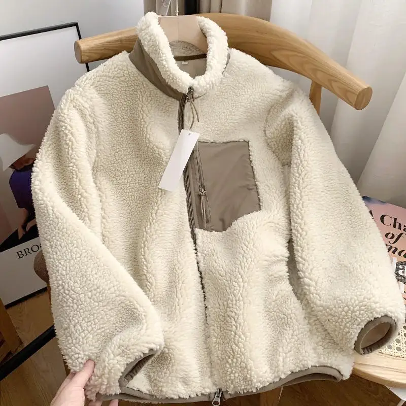 Autumn Winter Fleece Stand Neck Jacket Couple Zipper Loose Windproof Warm Lamb Wool Coat Solid Polar Fleece Comfort Spliced Tops