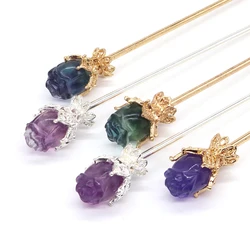 Exquisite Rose Vintage Hair Sticks Hairwear Natural Fluorite Crystals Flower Carving Gem Hairpin Disk Hairsticks Headdress Gifts