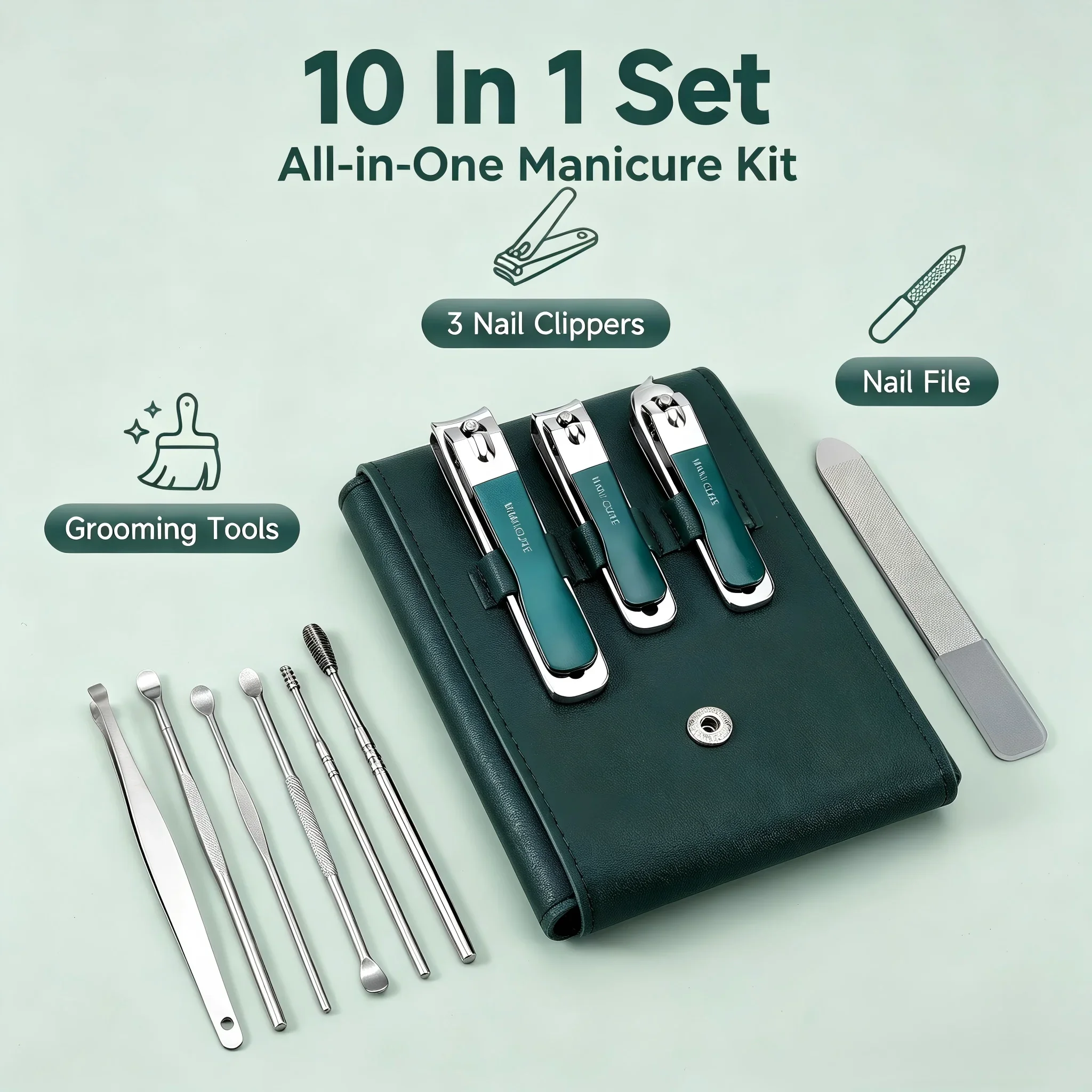 10Pcs Manicure Pedicure Set Nail Clipper Kit Stainless Steel Nail Cutter Ear Pick Cleaning Tools With Leather Case For Women Men