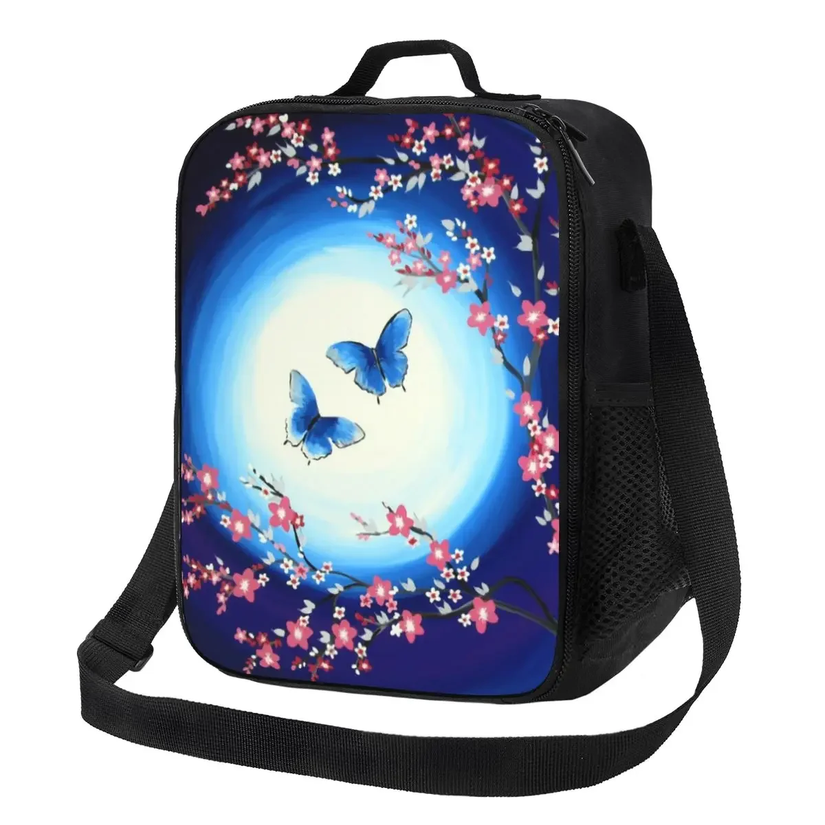 Japanese Cherry Blossoms Butterflies Thermal Insulated Lunch Bag Flower Floral Lunch Tote for Office Outdoor Bento Food Box