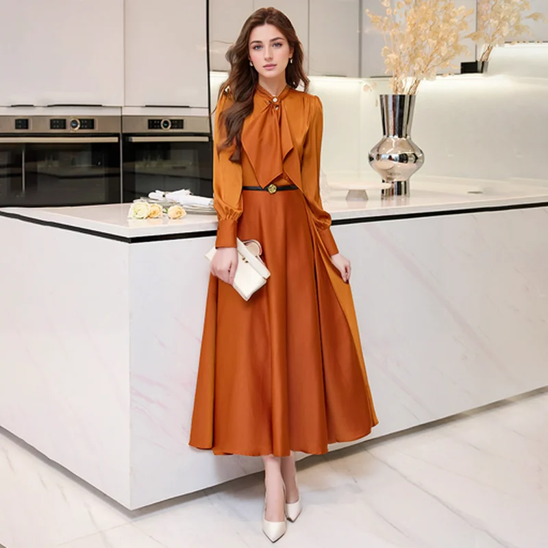 ZJYT Women\'s Elegant Long Sleeve Midi Dress Spring 2024 Fashion Office Lady Aline Casual Dress Green Black Vestidos Para Mujer