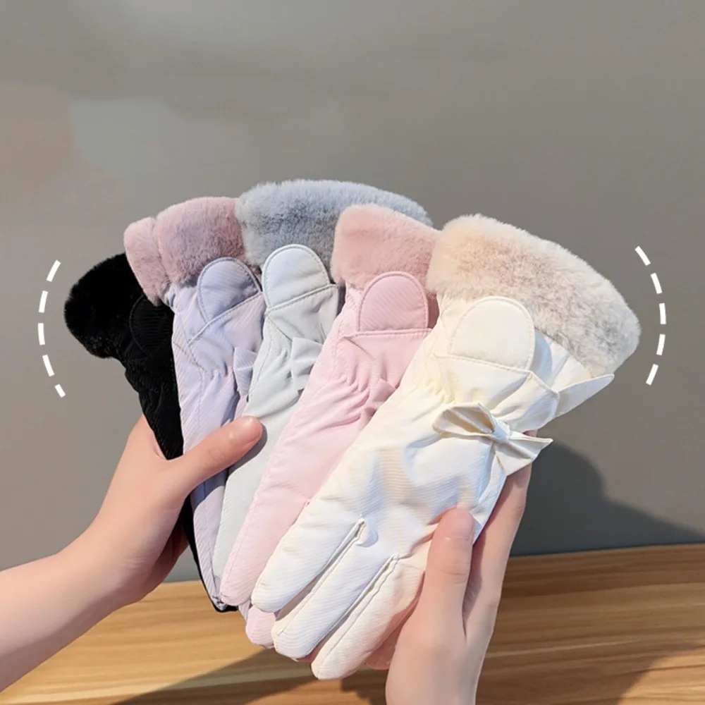 

Skiing Down Cotton Bow Anti-cold Mittens Soft Waterproof Plush Thickened Gloves Swen Solid Color Ears Finger Mittens Girls